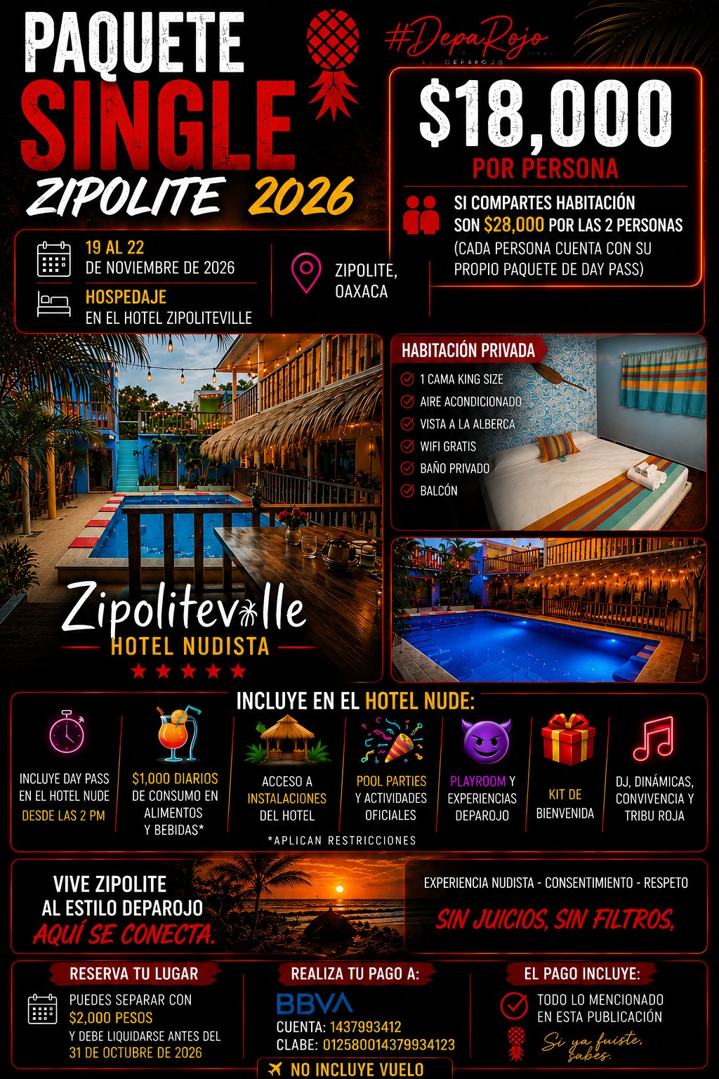 Paquete Single Zipolite 2026 · DepaRojo